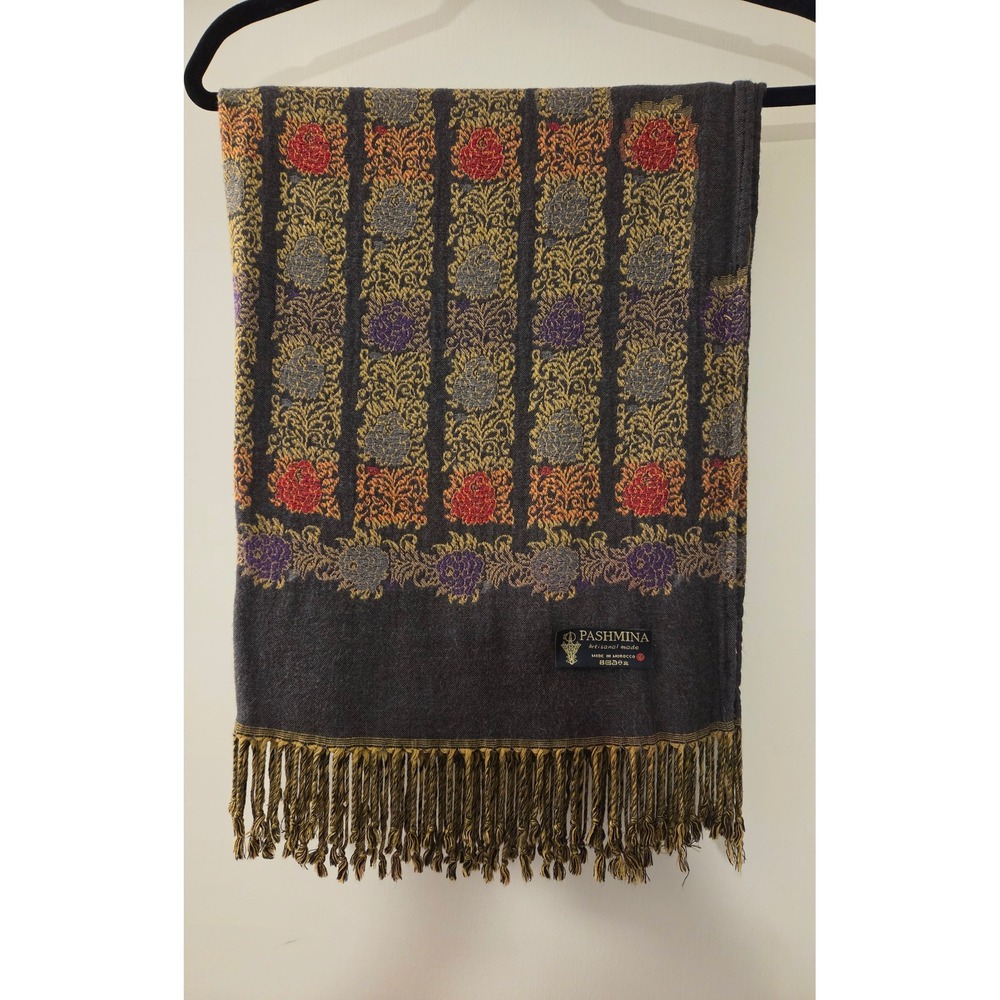 Pashmina Artisanal Made Scarf Blue Gray Gold Floral Fringed Made in Morocco
